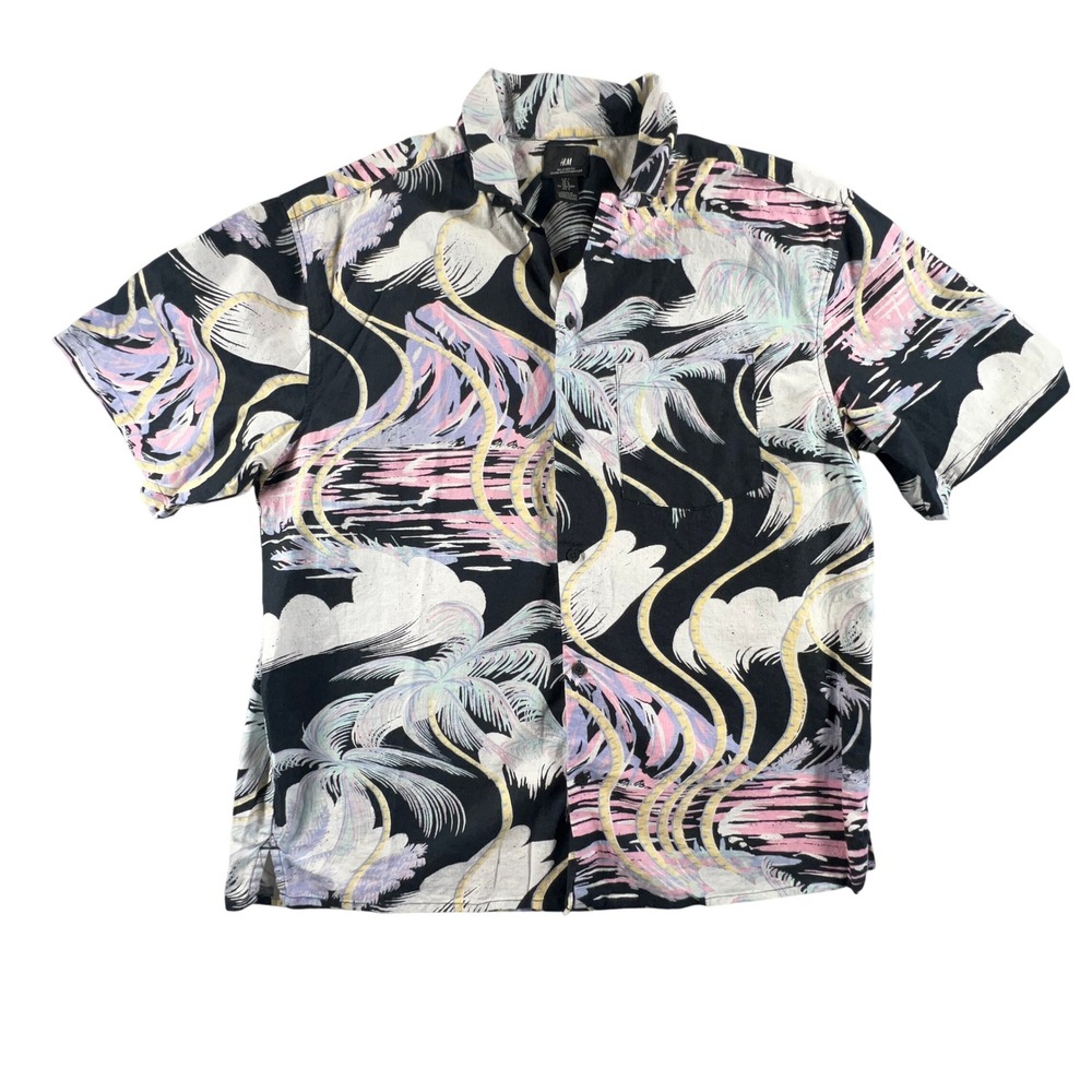 HM Mens Relaxed Fit Tropical Palm Tree Linen Blend Button Down Shirt Black Large